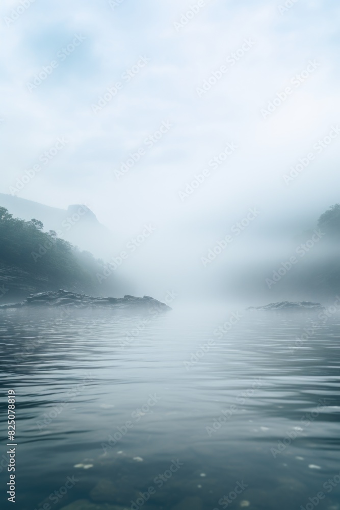 A foggy, misty day with a lake in the background. The water is calm and the sky is overcast