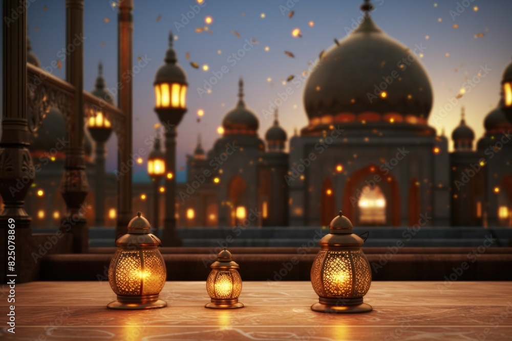 A beautiful, ornate building with a large dome and three lanterns lit up. The lanterns are placed on a table, creating a warm and inviting atmosphere. Concept of celebration and joy