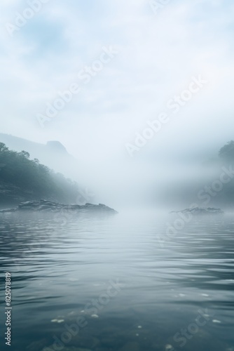 A foggy, misty day with a lake in the background. The water is calm and the sky is overcast © vefimov