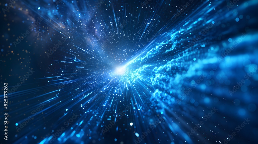 Blue light rays in space with a dark background, showing a light speed effect. The blue glow is coming from the center of an abstract black hole or wormhole.
