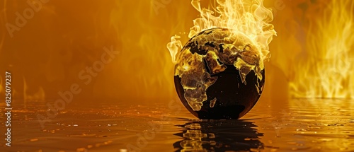 The photo shows a globe on fire. The globe is sitting in a pool of water. The fire is burning the globe and the water is rising. photo
