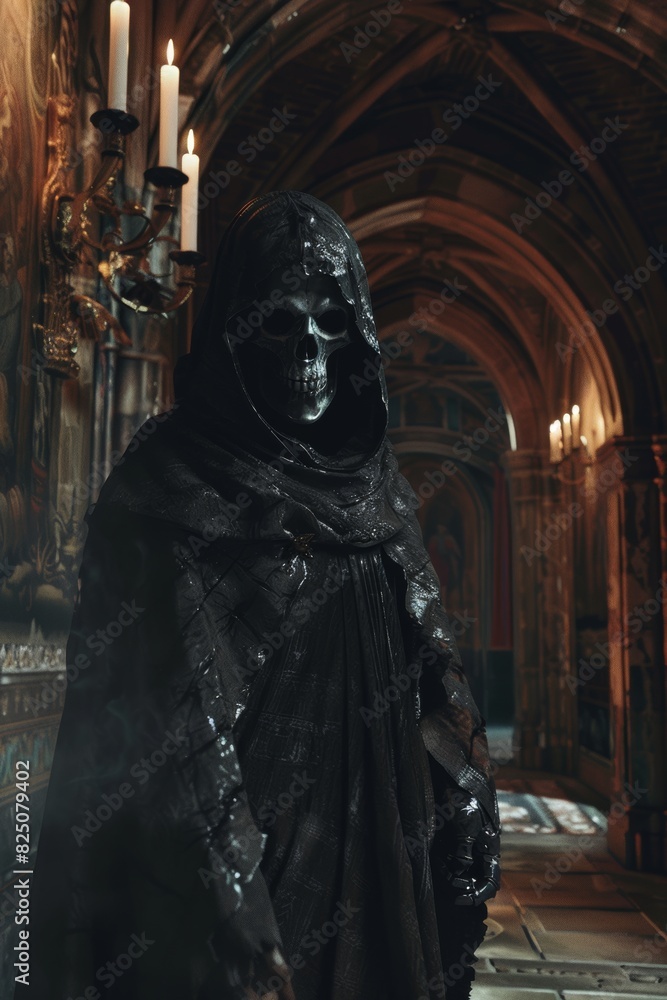 Hooded Skeleton in Ornate Gothic Hallway
