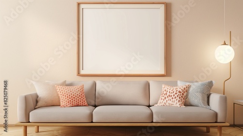 A panoramic frame mockup centered on a light beige wall above a mid-century modern sofa  with tasteful scatter cushions and soft ambient lighting.