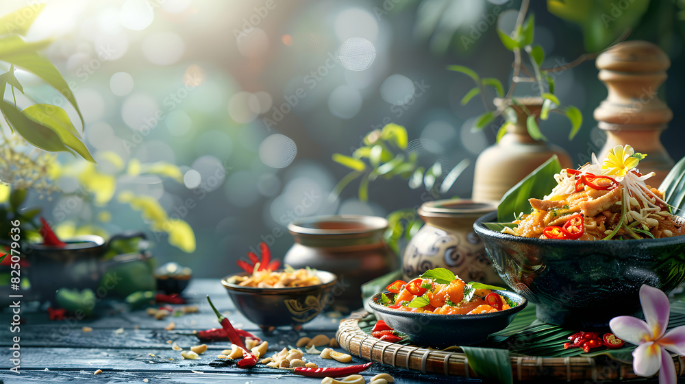 Glossy Thai food splendor: Exquisite and luxurious dining experience in stunning digital art showcasing Photo realistic concept of splendid Thai cuisine in Adobe Stock. Glossy Thai food splendor: Exquisite and luxurious dining experience in stunning digital art showcasing Photo realistic concept of splendid Thai cuisine in Adobe Stock.
