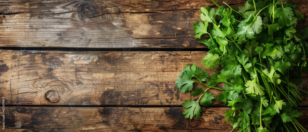 Fresh coriander leaves on a rustic wooden table Fresh coriander leaves on a rustic wooden table