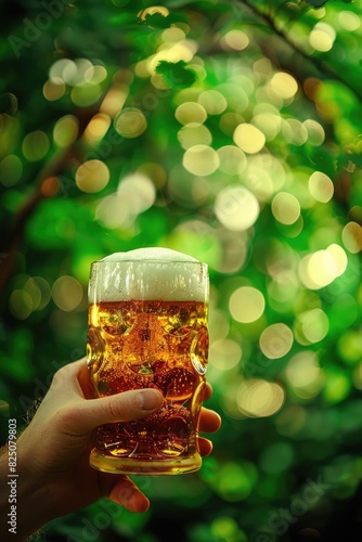 A person is holding a glass of beer in a green forest. The image has a light and cheerful mood, as the person is enjoying a refreshing drink in a beautiful natural setting