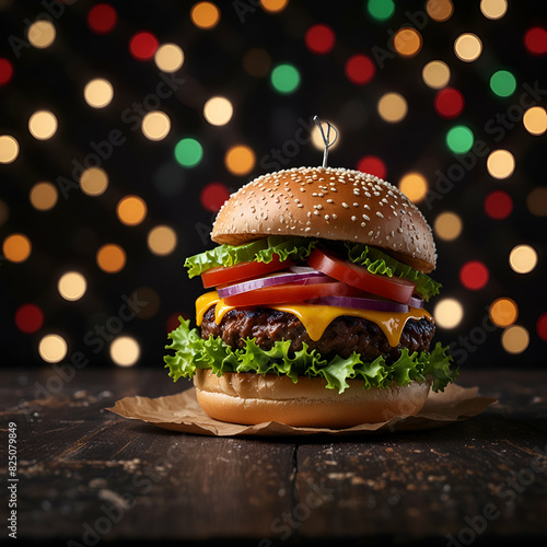 Delocious Christmas burger concept Christmas lights bokeh photo