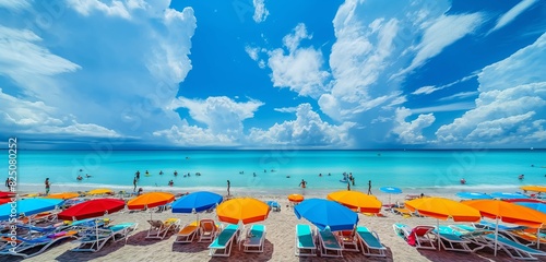 A panoramic view of a lively beach scene, with colorful beach umbrellas and empty loungers set against a backdrop of vibrant blue water and sky, the essence of summer captured in one frame. photo