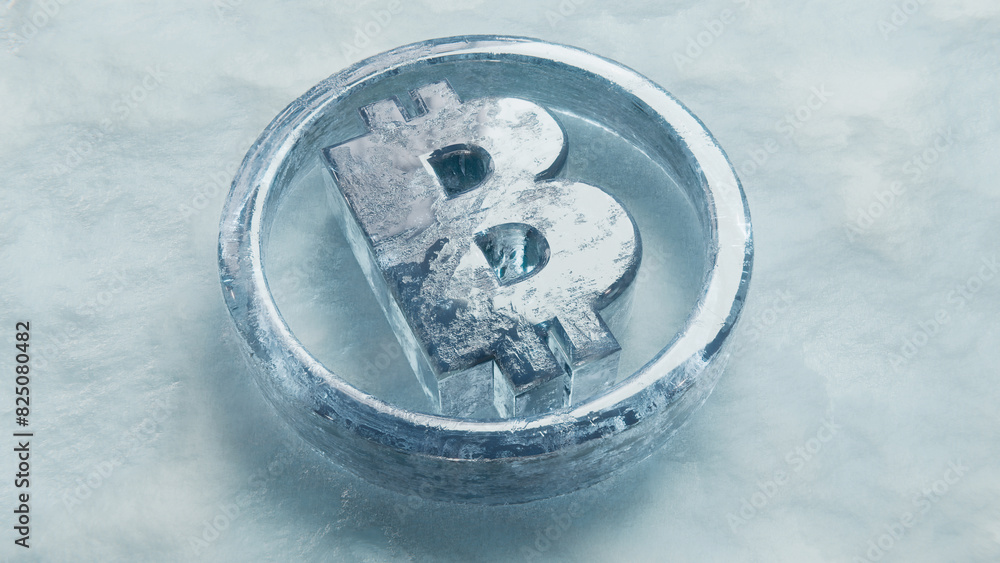 3D rendering - Frozen Bitcoin symbol on frost background 3D rendering - Frozen Bitcoin symbol on frost background