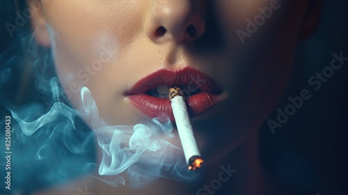 A woman is smoking a cigarette and the smoke is billowing out of her mouth. Concept of rebellion and defiance, as smoking is often associated with negative health effects and societal disapproval photo