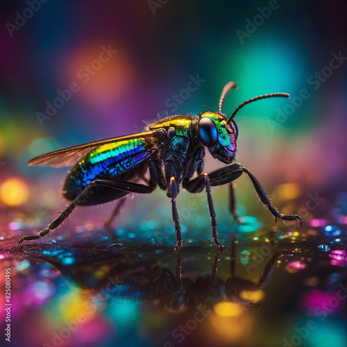 Colorful Iridescent Insect on Reflective Surface © Melkoud