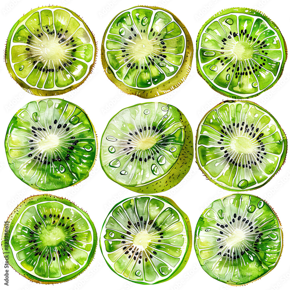 Fototapeta premium Fresh green kiwi slices displayed on a white background
