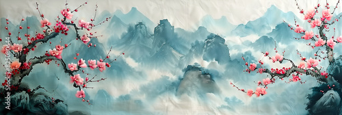 Paysage de montagnes et cerisiers en fleur style aquarelle photo