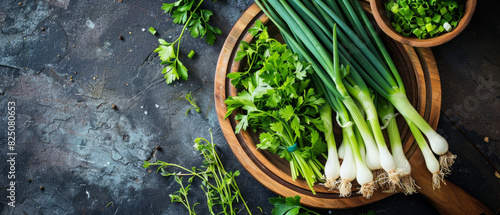 Spring onions in a bowl with fresh herbs, ready for culinary use photo