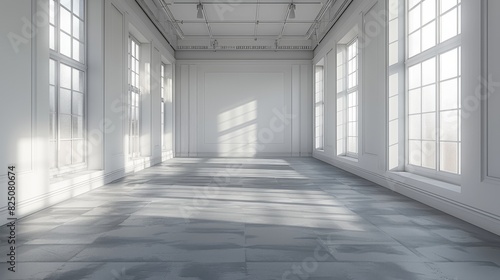 Small podcast studio  empty room  grey carpet on the floor  white walls  minimalist. Generative AI.