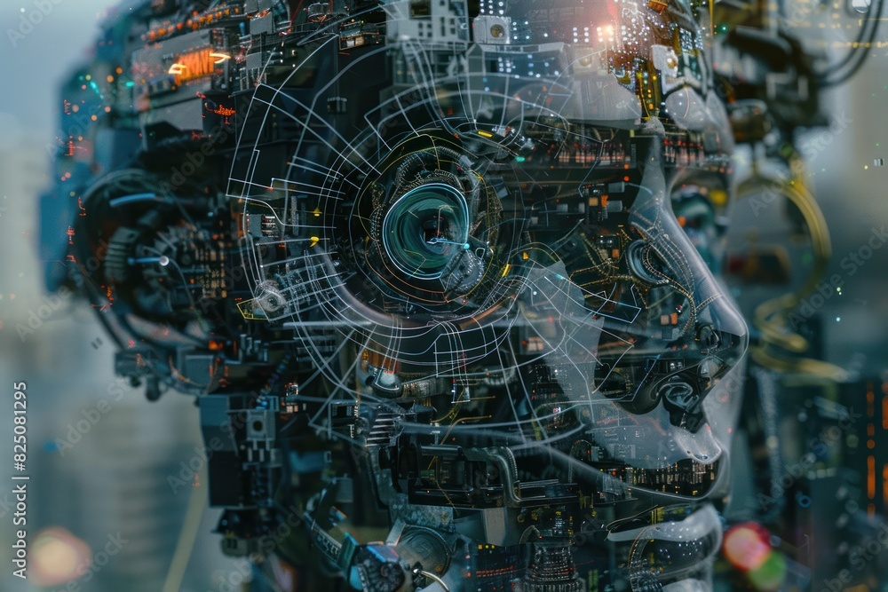 Φωτογραφία double exposure glitch-art photo-collage with a portrait of a futuristic robot-a