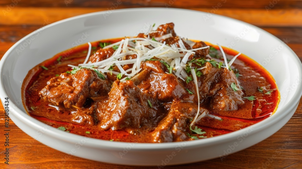 A bowl of red meat soup with cheese on top. The soup is served in a white bowl on a wooden table A bowl of red meat soup with cheese on top. The soup is served in a white bowl on a wooden table