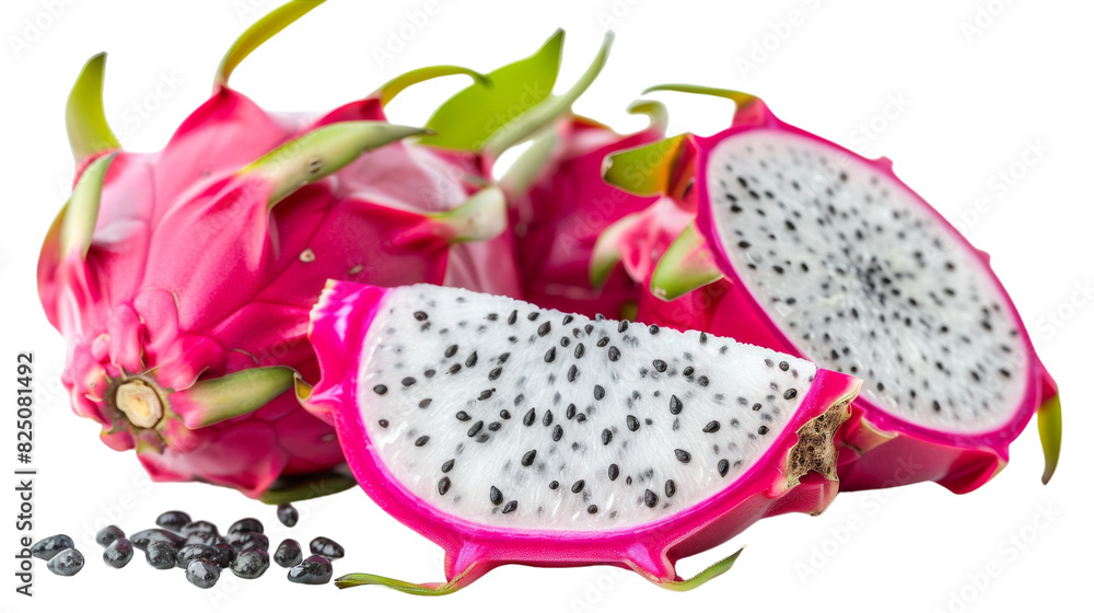 A cut dragon fruit revealing its seed-filled interior A cut dragon fruit revealing its seed-filled interior