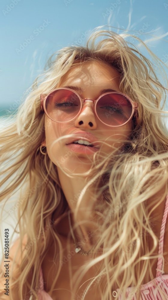 A blonde woman with long hair is wearing pink sunglasses and a pink tank top A blonde woman with long hair is wearing pink sunglasses and a pink tank top