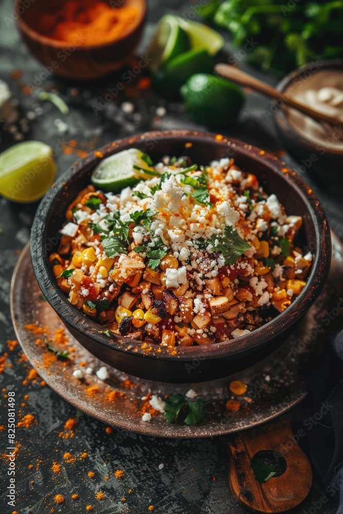 A bowl of food with corn, cheese, and lime on top. The bowl is on a plate and there are other bowls and spoons nearby A bowl of food with corn, cheese, and lime on top. The bowl is on a plate and there are other bowls and spoons nearby