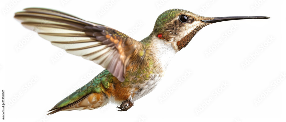 Fototapeta premium A hummingbird is flying in the air with its wings spread wide