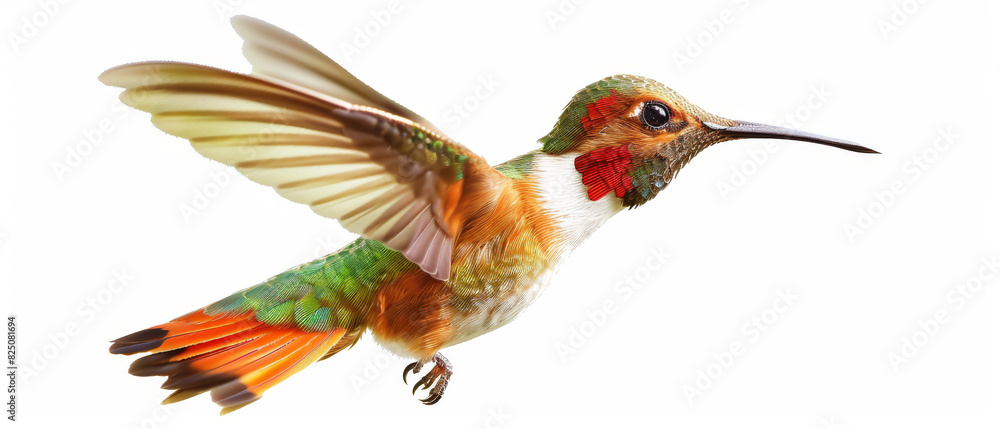 A hummingbird is flying in the air with its wings spread out A hummingbird is flying in the air with its wings spread out
