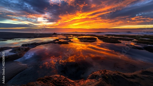 A picturesque beach sunrise with the sky lit up in an array of oranges and yellows  reflecting off a tide pool that captures the essence of the sky above.