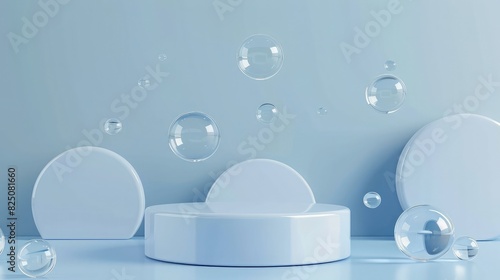 3D background realistic white and blue cylinder pedestal podium with floating circles glass scene. Wall minimal mockup product display i © Sana