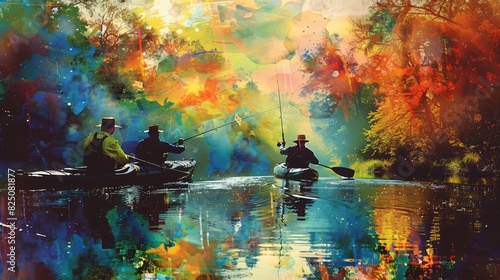 An abstract painting of four people in kayaks on a river. photo
