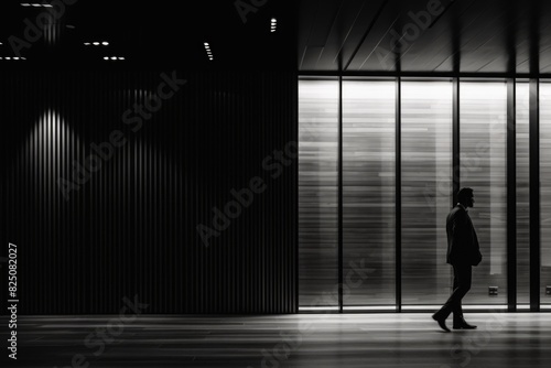 A man walks down a hallway in a building. The hallway is dark and empty, with only a few lights on. The man is wearing a suit and he is in a hurry. Scene is somber and serious © vefimov