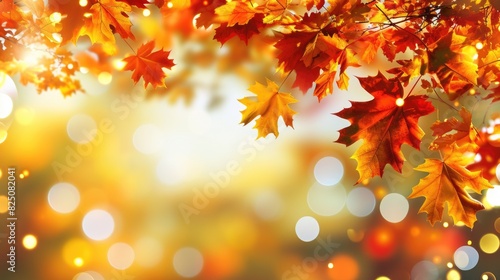 A beautiful autumn scene with a yellow background and orange leaves. The leaves are falling from the trees and creating a warm and cozy atmosphere