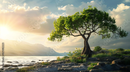 A solitary tree by the lake at sunrise. It symbolizes tranquility, strength, and the beauty of nature. Ideal for campaigns focused on ecology, meditation, and natural beauty