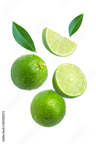 Lime with slice and green leaf isolated on white background.