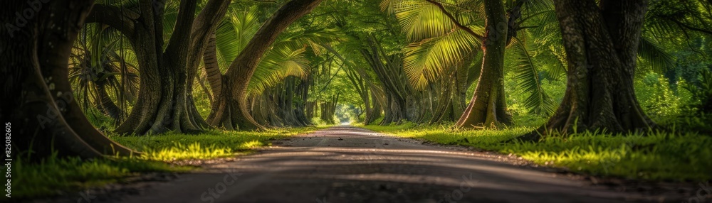Scenic path lined with large, arching trees bathed in sunlight and shadows, creating a lush, tranquil forest tunnel.