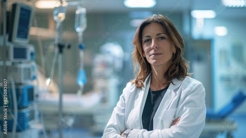 A woman in a white lab coat stands in front of a hospital bed. She is wearing a stethoscope around her neck A woman in a white lab coat stands in front of a hospital bed. She is wearing a stethoscope around her neck