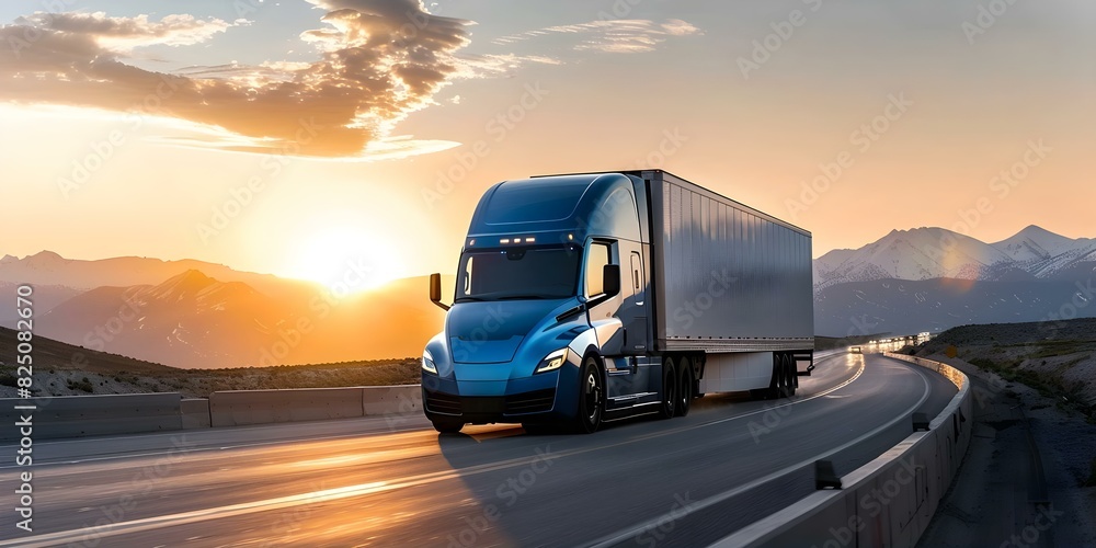 A blue semi truck drives on highway at sunrise or sunset mountains in background. Concept Truck Photography, Highway Views, Transportation, Sunset Scenery, Mountain Landscapes