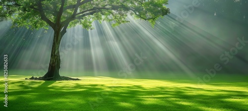 Tranquil forest setting with beautiful rays of sunlight shining through the vibrant green canopy