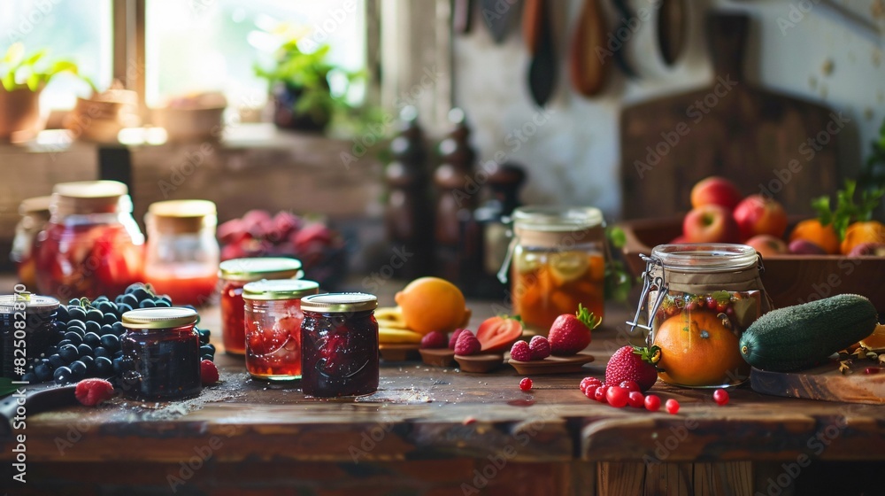 several jars of jam and fruit on a wooden table