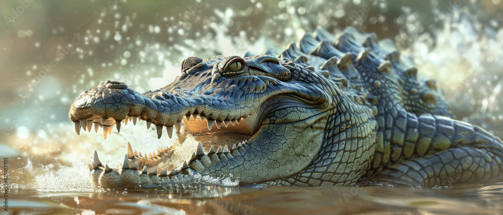 Obraz premium A crocodile is swimming in the water with its mouth open