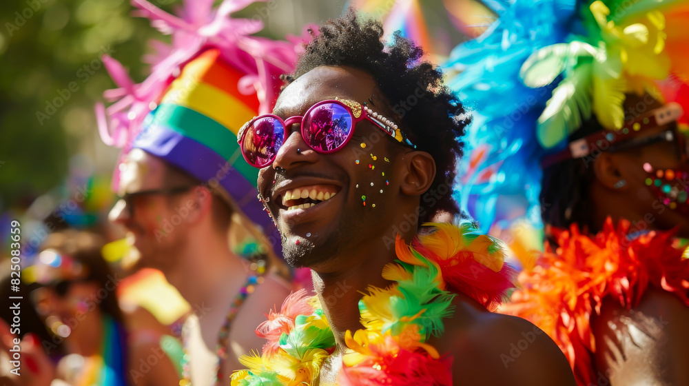 A man in a rainbow outfit is smiling and wearing sunglasses A man in a rainbow outfit is smiling and wearing sunglasses