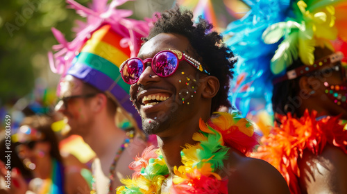 A man in a rainbow outfit is smiling and wearing sunglasses
