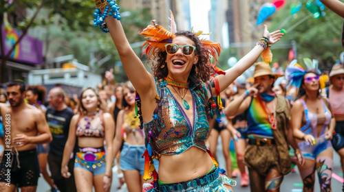 A woman in a colorful outfit is walking down a street with a group of people