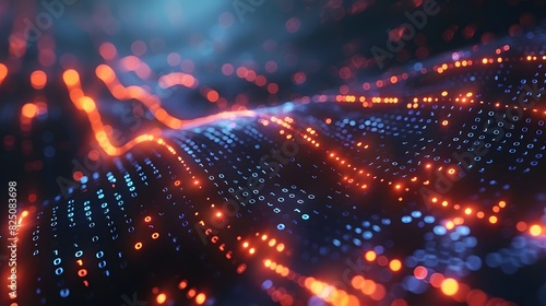 Digital data flowing on dark background, glowing lights and binary code in motion . 