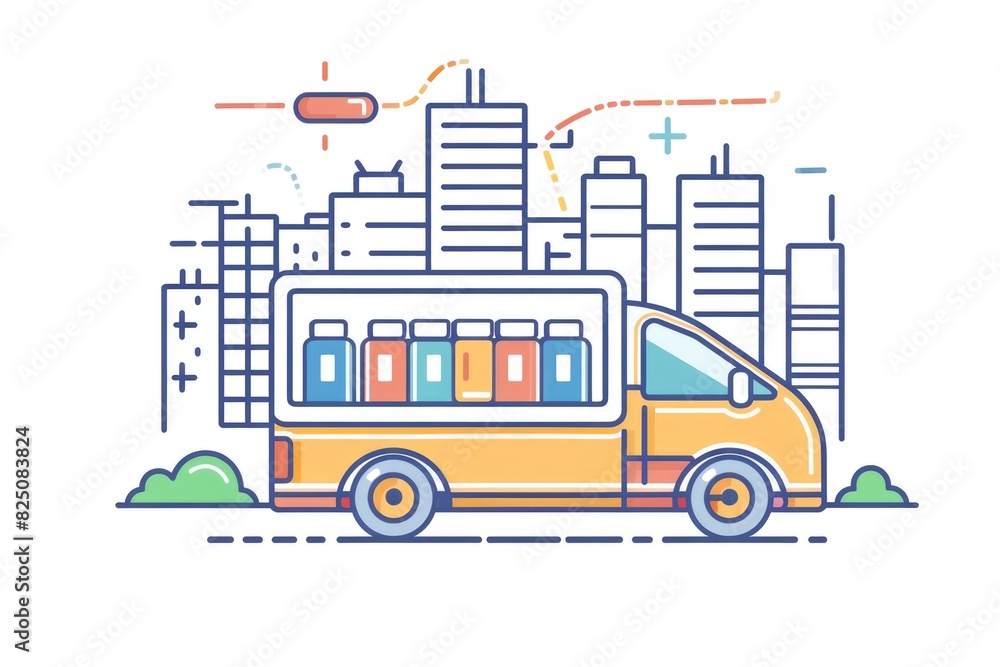 A yellow truck is driving down a road with a city in the background. The truck is filled with various items, including a bottle of pills. Concept of urban life and transportation