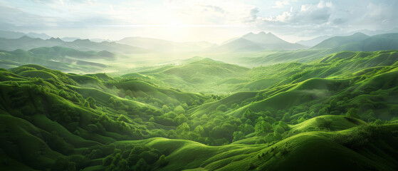 Leinwandbilder Olivgrün A lush green mountain landscape with a bright sun shining on it  © Napat.T