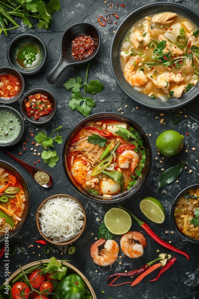 A table with many bowls of food, including shrimp, soup, and lime. The table is covered in various spices and condiments, and there are spoons and chopsticks nearby. Scene is that of a feast A table with many bowls of food, including shrimp, soup, and lime. The table is covered in various spices and condiments, and there are spoons and chopsticks nearby. Scene is that of a feast