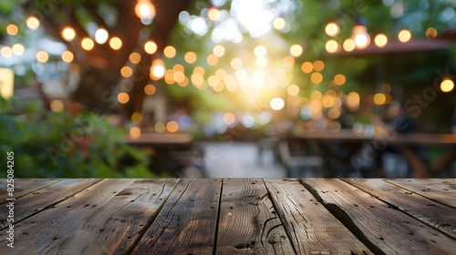 Empty wooden table top with blurred background of outdoor restaurant in the evening for product display montage. 