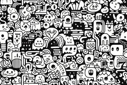 Seamless pattern with monochrome black and white colors and funny doodles  high-quality and print-ready