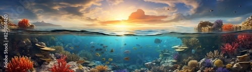 A colorful underwater scene with coral reefs and fish, with a sunset sky above the surface. © charunwit