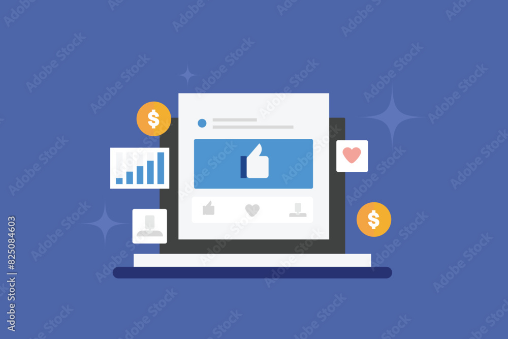 Social media likes from ad campaign, Counting social media likes, audience engagement analysis, social media page like ad campaign, Vector illustration. Social media likes from ad campaign, Counting social media likes, audience engagement analysis, social media page like ad campaign, Vector illustration.